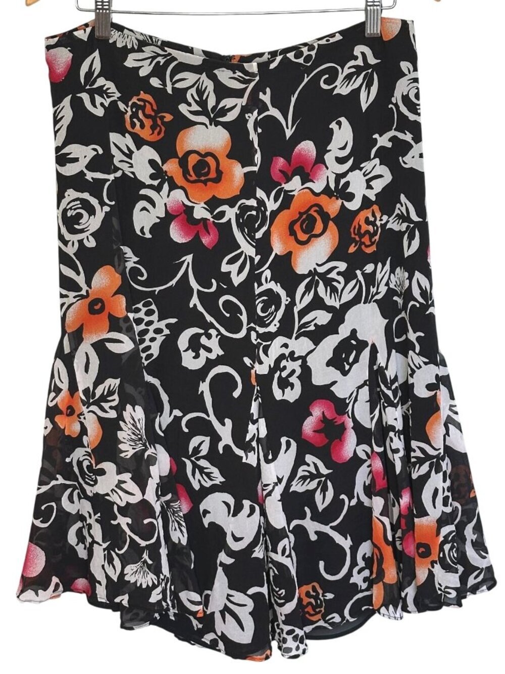 Chico's 100% Silk Black Floral Midi Skirt Size 1 Godet Flutter Hem A-Line Medium